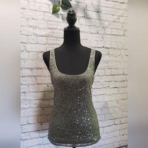 Olive Green Double Layered Stretch Tank Top. Sequin Top OverLay Size S.